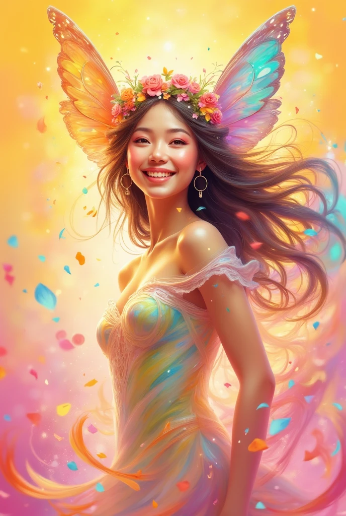 A vibrant, abstract image representing joy. The scene features warm, bright colors like yellow, orange, and pink, with swirling, soft lines and flowing shapes that radiate happiness and lightness. The background is bright and full of movement, evoking a feeling of exuberance and positivity.