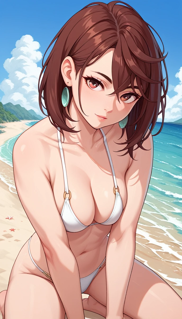 _Wow,  medium hair , Brown Hair,  Brown Eyes , medium breasts,  poses shyly, Red face, nude,  swimsuit、bikini、Beach