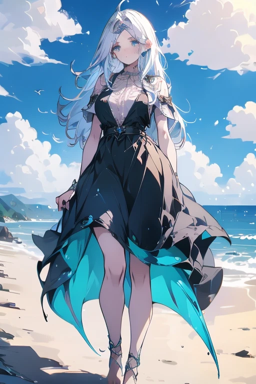 a girl, standing, show full body, front, 1 Character design, female, 165cm, tomboyish, spirited, water dragon, humanoid form, short blue hair, blue eyes, flowing hair, dragon motifs, blue and green clothing, barefoot, scale, reference sheet, multiple views, upper body, front, from side, color palette reference