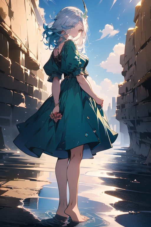 a girl, standing, show full body, front, 1 Character design, female, 165cm, tomboyish, spirited, water dragon, humanoid form, short blue hair, blue eyes, flowing hair, dragon motifs, blue and green clothing, barefoot, scale, reference sheet, multiple views, upper body, front, from side, color palette reference