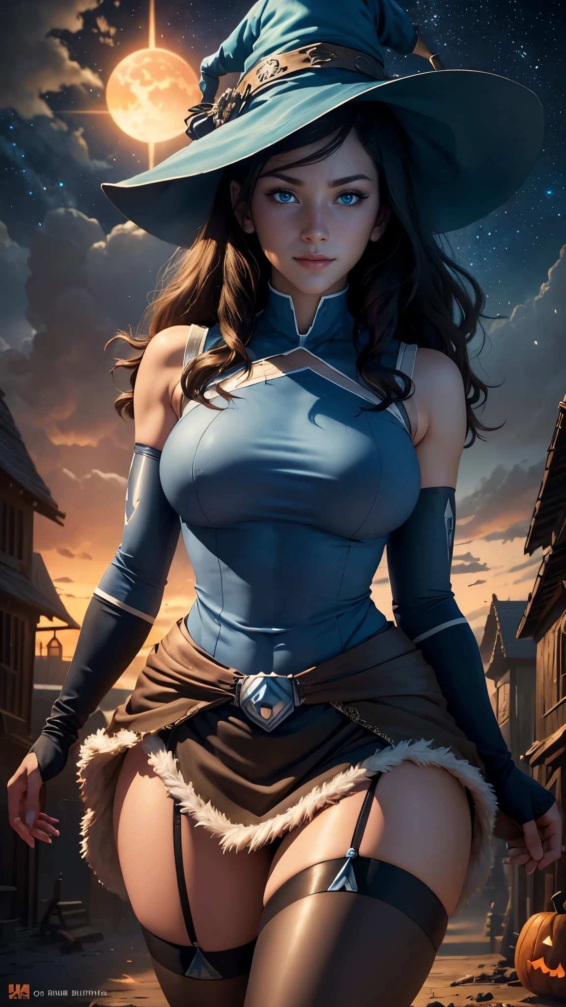 Korra da avatar,(best quality, 4K,8k,high resolution,work of art:1.2)(weather: sunset), Halloween village background, pumpkin patch, wide hips, long curly hair, brown hair, freckles, sleeveless witch top, witch skirt, witch stockings, witch shoes, elbow long gloves, witch hat, light makeup, dark eyeshadow, blush, sexy pose, glowing eyes, ultra detailed,portrait,realistic,beautiful detailed blue eyes, beautiful detailed lips,extremely detailed eye and face, long eyelashes,average, large breasts,flying hair,beaming smile, sexy smile, powerful girl, bright coloured, dramatic lighting, starry sky, magic sparkles,