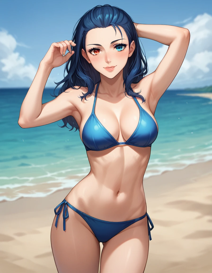 score_9, score_8_up, score_7_up, score_6_up, score_5_up, score_4_up, rating_questionable, , source_anime, digital illustration, pixiv, fanbox, uncensored, , BREAK, official art,
1girl, solo, female, blue bikini, beach, ocean,,,  outdoors, blush, cowboy shot, looking at viewer,  viola, hair, heterochromia eyes, left eye red, blue eye blue, 1girl, solo, blue eyes, heterochromia, blue hair, red eyes, black hair, blush, lips, beach, armpits, sexy face, smile, close up