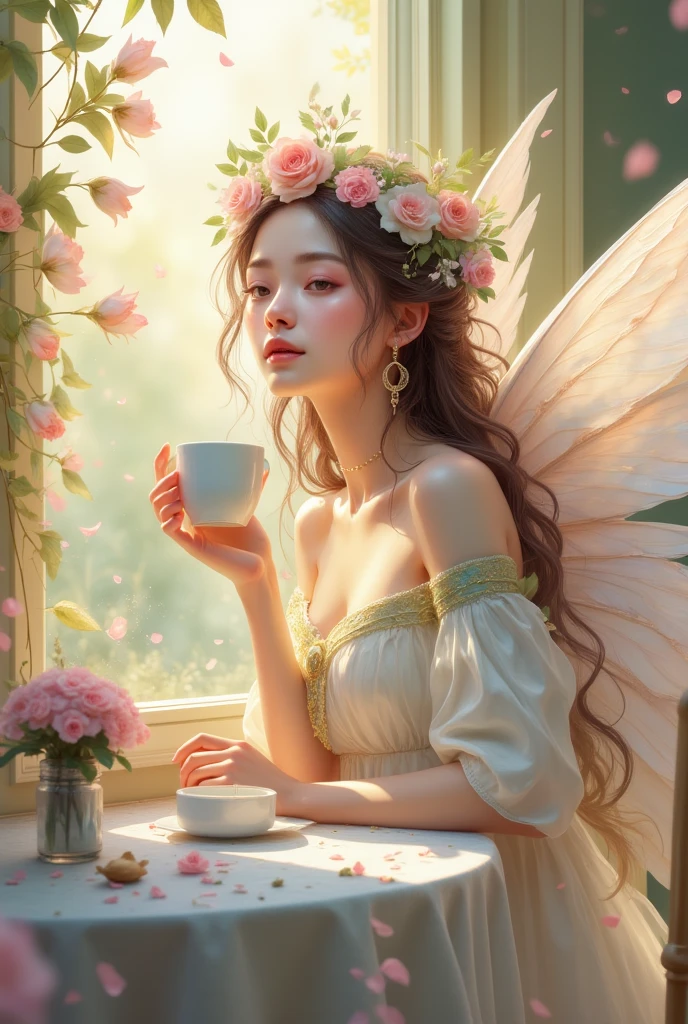 "A serene angel with soft wings, sitting at a cozy cafe table, holding a warm coffee cup. The scene is filled with gentle, warm colors like beige, cream, and pastel pink, with soft lighting that creates a peaceful and relaxing atmosphere. The angel's expression is calm and content, enjoying a moment of tranquility."