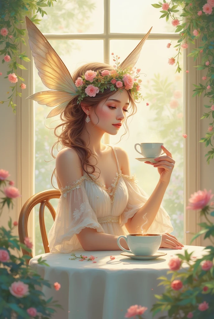 "A serene angel with soft wings, sitting at a cozy cafe table, holding a warm coffee cup. The scene is filled with gentle, warm colors like beige, cream, and pastel pink, with soft lighting that creates a peaceful and relaxing atmosphere. The angel's expression is calm and content, enjoying a moment of tranquility."