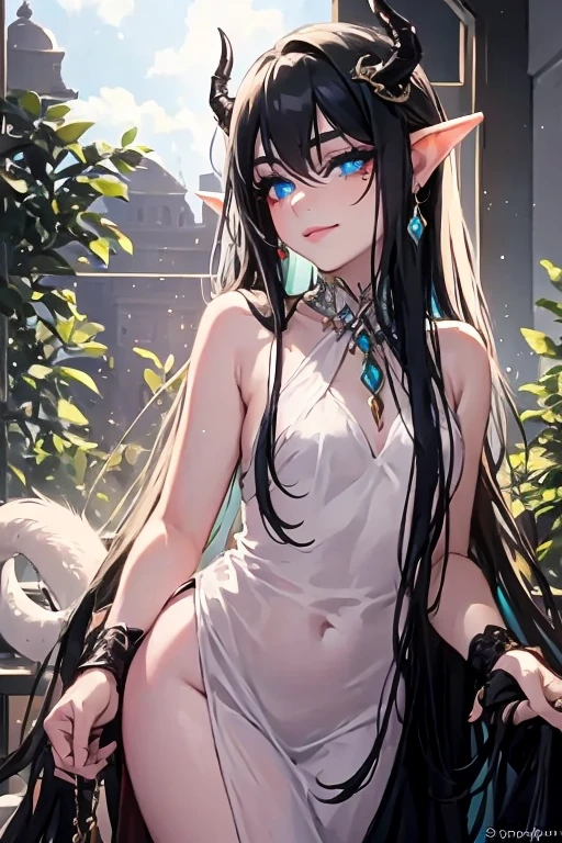 score_9, score_8, (fantasy roman palace background)1.5, (standing pose)1.5, (full body shot)2, include upper body in picture, female elf, elf ears on both sides of head, DARK BLACK HAIR1.5, (ALL BLACK HAIR)1.5, glowing blue parts of hair, red eye shadow, (RED EYE SHADOW)1.5, silver dragon horns, silver horns, horns coming from forehead, (silver dragon tail)1.5, small patches of smooth silver scales on skin, revealing fantasy roman clothes, white clothes, sexy dress, white toga, sheer clothes, silver high heels with sapphire gems, white sheer clothes, white toga, sexy white dress, sexy white dress with silver embroidery, sexy white dress with black accents, nudity, partial nudity, sparse patches of silver scales on skin, vivid blue eyes, smug smile, silver jewelry with sapphires, silver jewelry on head, silver necklace with sapphires, beautiful face, (double beauty mark near eye)1.5, elf, Hannah_owo, stunning eyes, beautiful eyes, scaled humanoid, cut3h0rnstyl3, 4k, realistic, anime, masterpiece, flawless, high detail