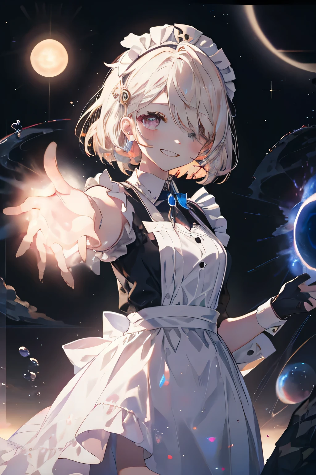 maid with headpiece girl smiling (Showing the teeth)  and closing 1 eye against an unknown background (Dimensions), ( with a portal in the sky ),Cosmic Essence ,  the Sun is very radiant and with a strong breeze, The hands are almost hologram ,  the girl appears as a hologram 