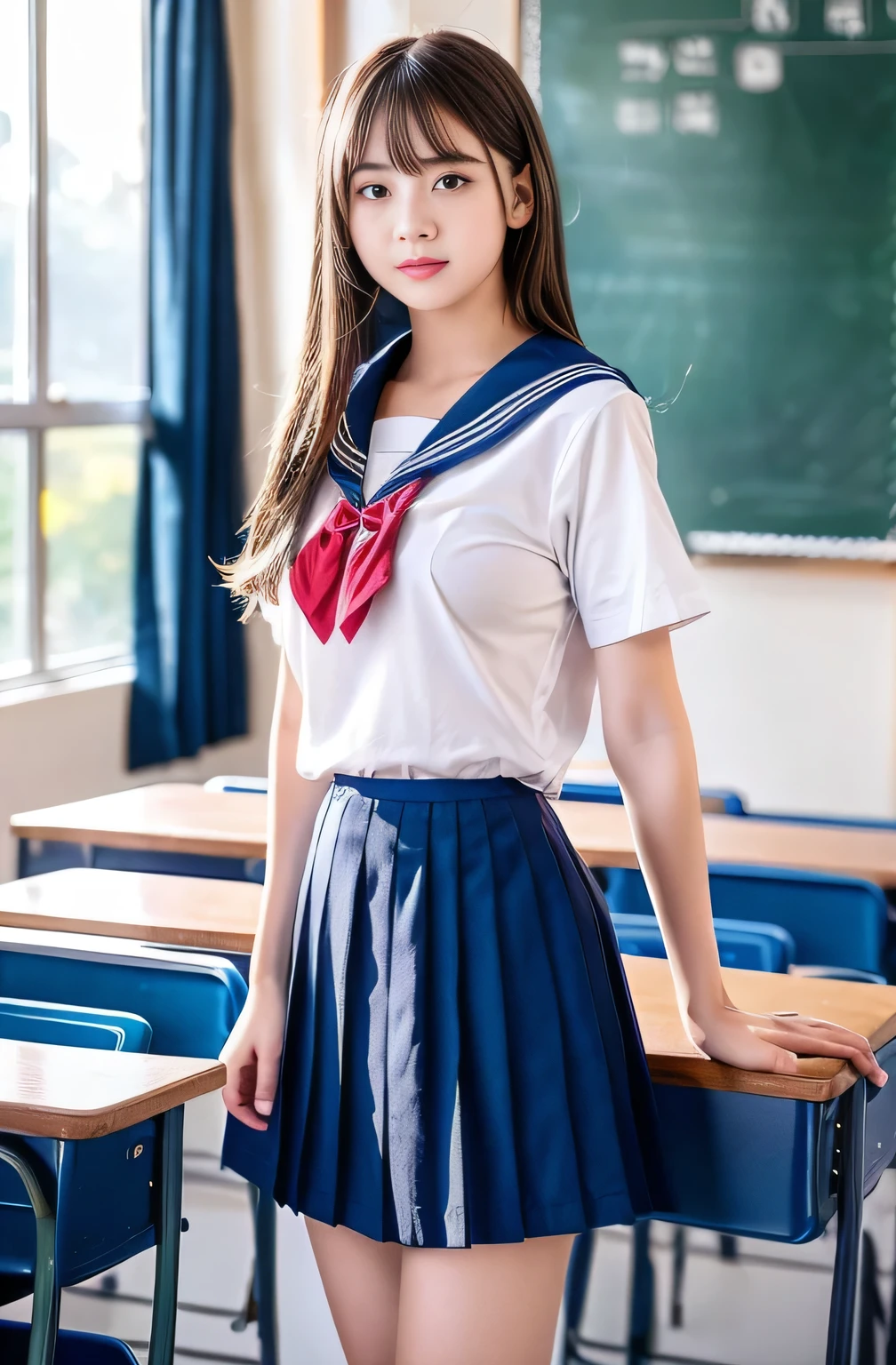 Raw photo , 1 girl  ,Wearing sailor uniform, (((ankle length skirt))), ((teen school girl lifting skirt in the classroom)) , professional photographer, (hdr:1.4), masterpiece, ultra-realistic 8k, perfect artwork, intrincate details, cute face, award winning photograph, (Best quality, 8k, 32k, Masterpiece, UHD:1.3) ,