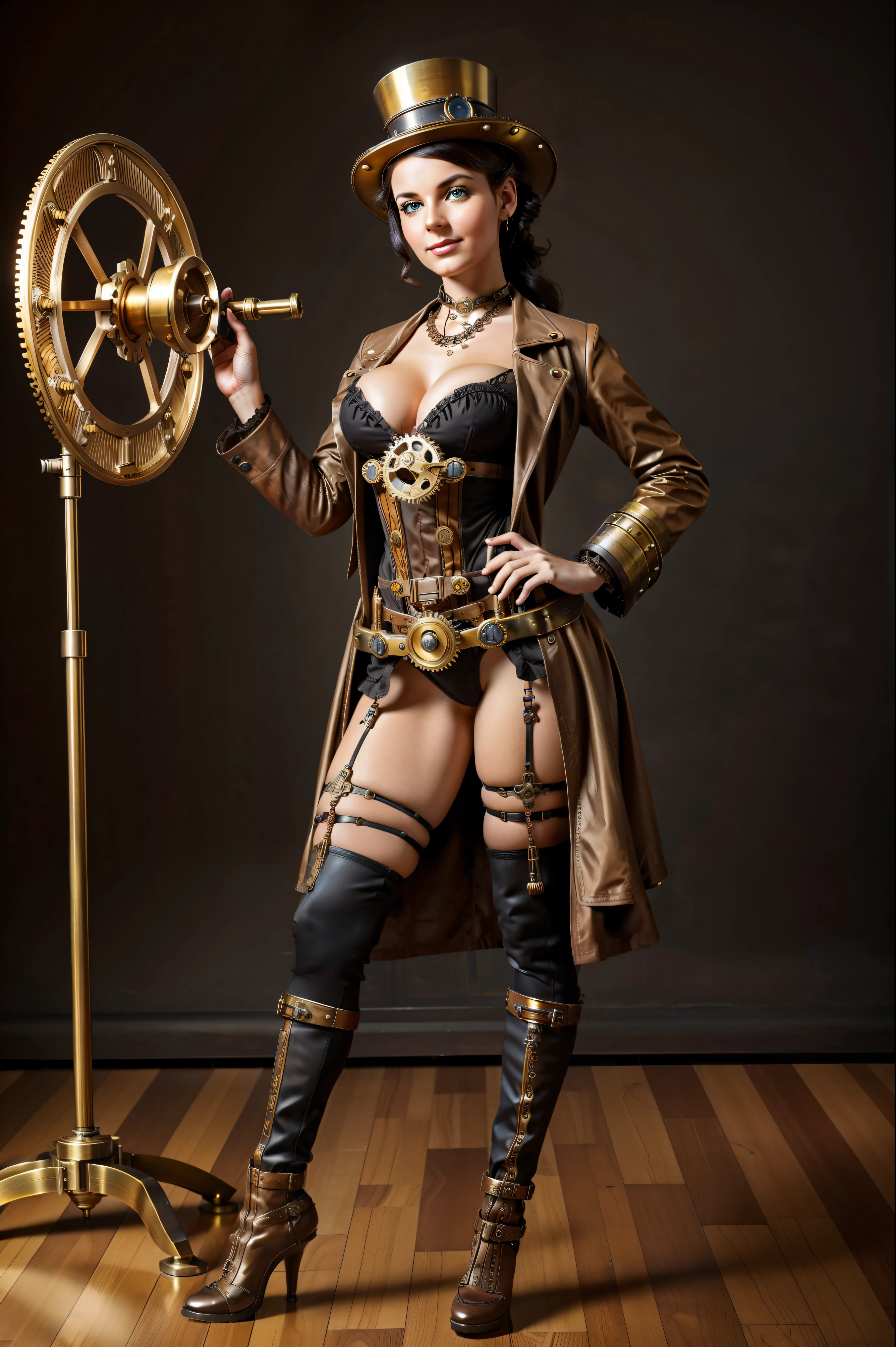((Masterpiece)), a beautiful African woman (Milla Jovovich:Lupita Nyong'o:0.5), brown-black hair, ((natural hair)), high detail steampunk pirate outfit, cleavage, legs, steampunk leather boots, at the helm of a steampunk airship, (UHD, 8K wallpaper, High resolution), Cinematic lighting, award-winning, extremely detailed skin, extra detailed face, high detail eyes, photo-realistic, Zeiss 85 mm F/1.4, by Ellen von Unwerth