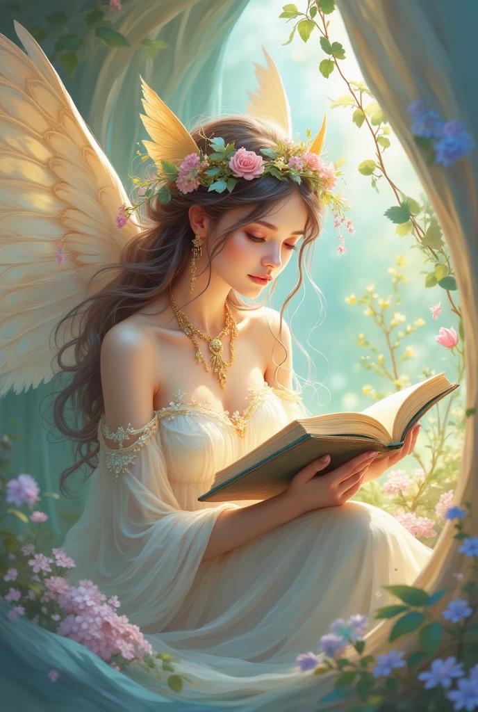 "A peaceful angel with elegant wings, sitting in a cozy corner, reading a book with a slight smile. The scene has soft, warm lighting and features muted tones like cream, light blue, and lavender. Surrounding the angel are gentle touches of nature, like small plants or flowers, creating a calm, introspective mood."