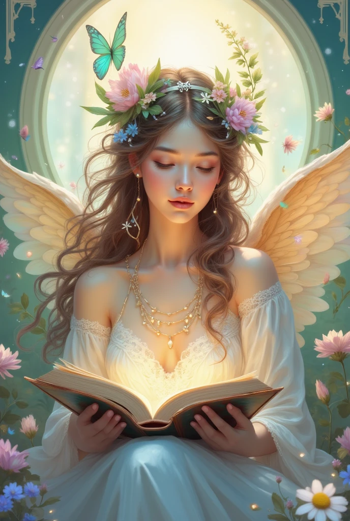 "A peaceful angel with elegant wings, sitting in a cozy corner, reading a book with a slight smile. The scene has soft, warm lighting and features muted tones like cream, light blue, and lavender. Surrounding the angel are gentle touches of nature, like small plants or flowers, creating a calm, introspective mood."