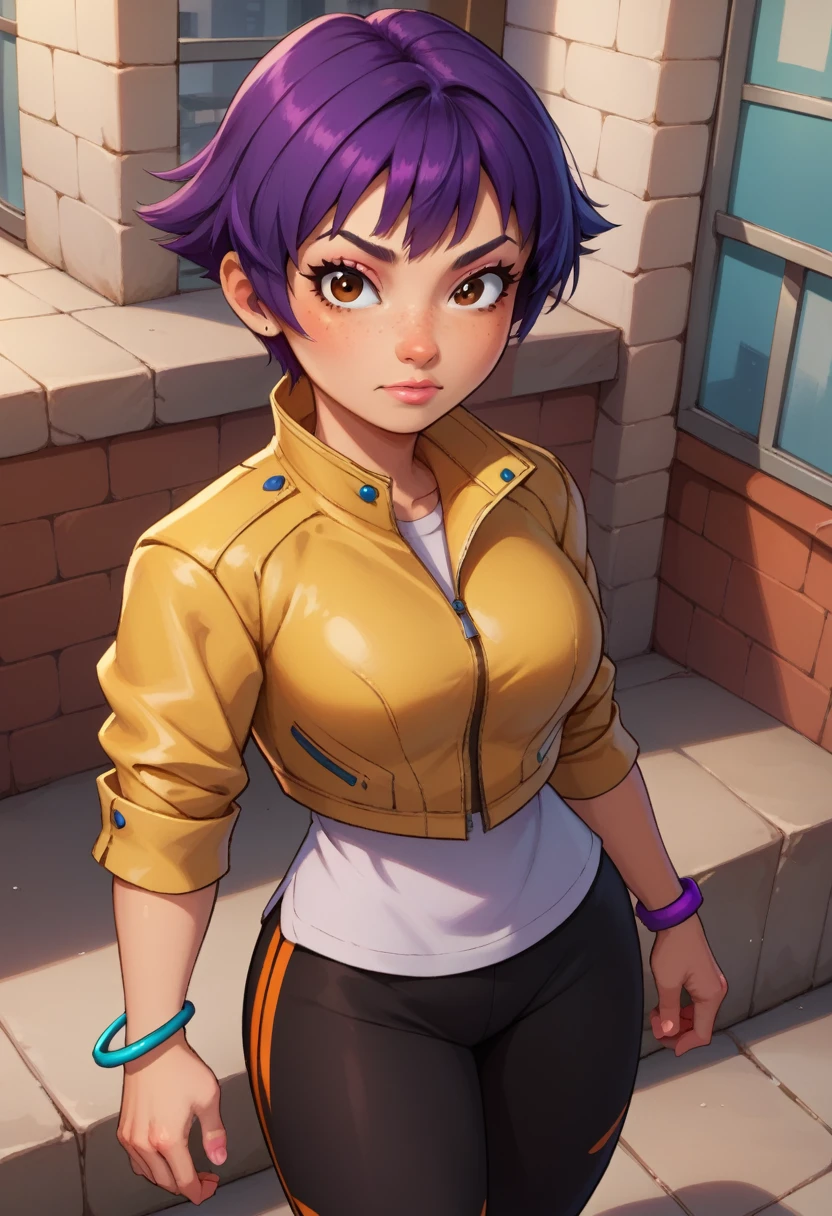 score_9, score_8_above, score_7_above, BREAK,snails, 1 girl, Alone,  short hair ,  black hair, jewelry, What purple hair , bracelet, makeabove, casual, cropped jacket, Leggings, sleeves pushed above, Capri pants, COWBOY SHOT,  brown eyes costume,  looking at the viewer,  Big breasts,al aire libre,city,