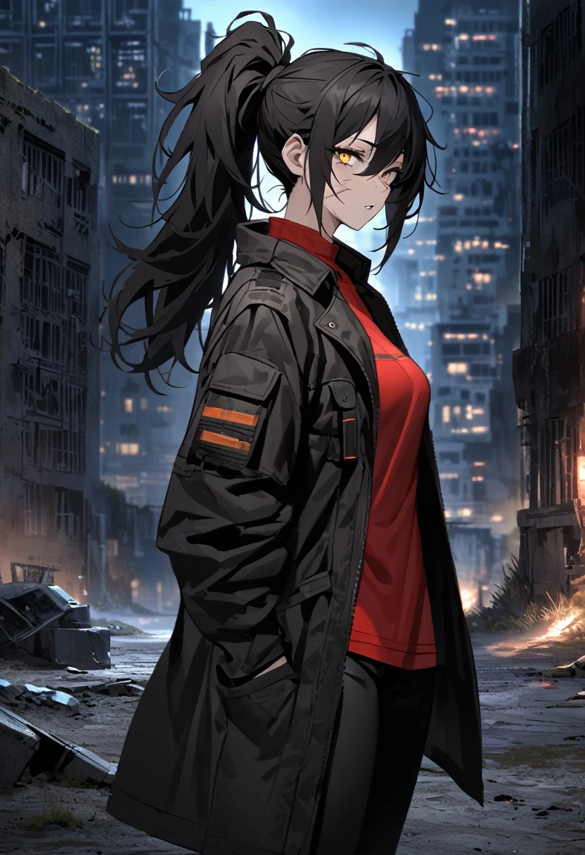 mature, golden eyes, looking at viewer, female, outskirts background, messy hair, very long black hair that reaches to her thighs, ponytail, parted lips, hair between eyes, standing, scar across eye, clear skin, slim, fit, from the side, night, abandoned city, tactical black pants, red shirt, black torn coat, scars on face