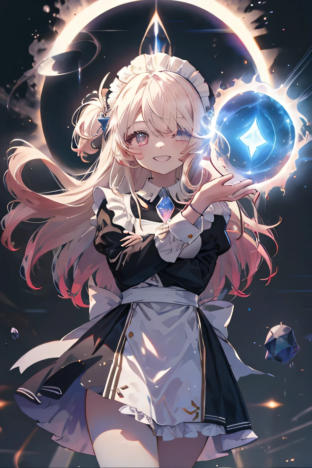 maid with headpiece girl smiling (Showing the teeth)  and closing 1 eye against an unknown background (Dimensions), ( with a portal in the sky ),Cosmic Essence ,  the sun is very bright and with a strong breeze, The hands are almost hologram ,  the girl appears as a hologram 