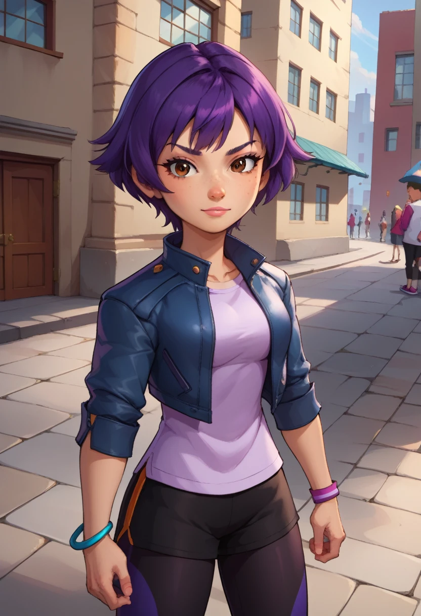 score_9, score_8_above, score_7_above, BREAK,snails, 1 girl, Alone,  short hair ,  black hair, jewelry, jacket, What purple hair , Bermuda, bracelet, makeabove, casual, cropped jacket, Leggings, sleeves pushed above, Capri pants, black Leggings, COWBOY SHOT,  brown eyes costume,  looking at the viewer,  medium breasts,al aire libre,city,