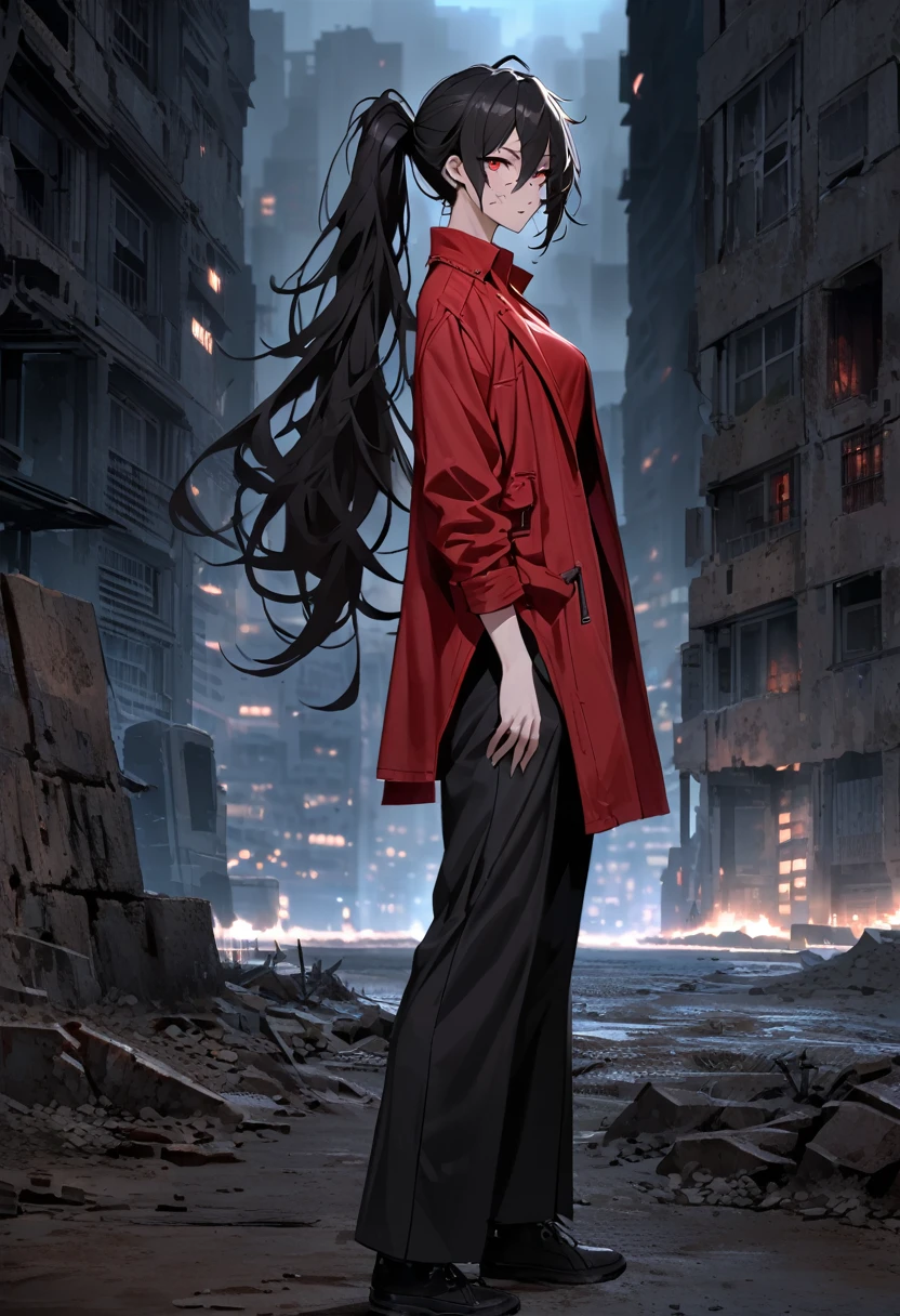 mature, crimson eyes, looking at viewer, female, outskirts background, messy hair, very long black hair that reaches to her thighs, ponytail, parted lips, hair between eyes, standing, scar across eye, clear skin, slim, fit, from the side, night, abandoned city, tactical black pants, red shirt, black torn coat, scars on face