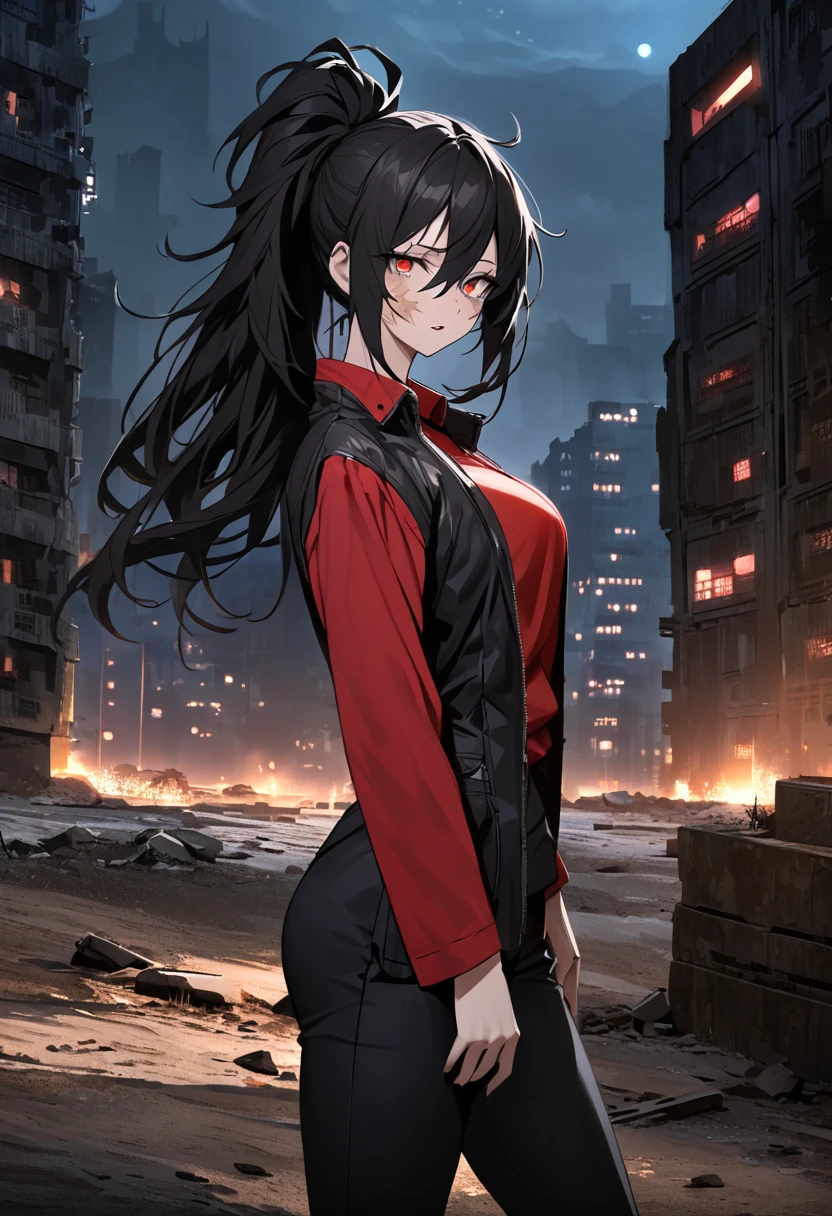 mature, crimson eyes, looking at viewer, female, outskirts background, messy hair, very long black hair that reaches to her thighs, ponytail, parted lips, hair between eyes, standing, scar across eye, clear skin, slim, fit, from the side, night, abandoned city, tactical black pants, red shirt, black torn coat, scars on face