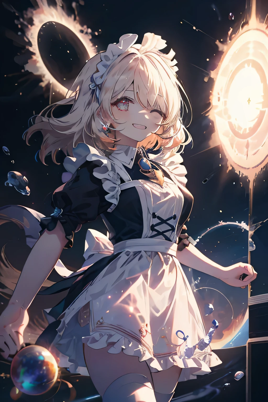 maid with headpiece girl smiling (Showing the teeth)  and closing 1 eye against an unknown background (Dimensions), ( with a portal in the sky ),Cosmic Essence ,  the sun is very bright and with a strong breeze, The hands are almost hologram ,  the girl appears as a hologram 