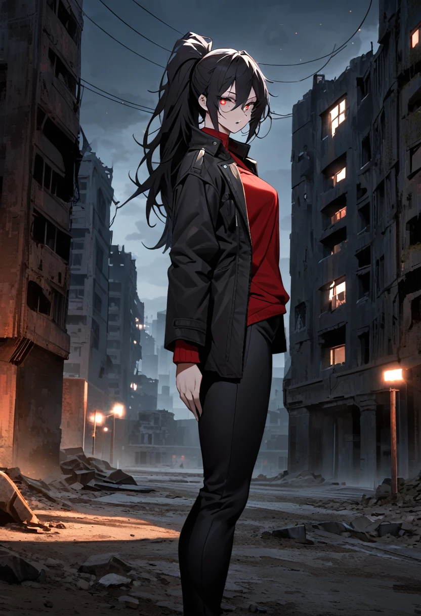 mature, crimson eyes, looking at viewer, female, outskirts background, messy hair, very long black hair that reaches to her thighs, ponytail, parted lips, hair between eyes, standing, scar across eye, clear skin, slim, fit, from the side, night, abandoned city, tactical black pants, red shirt, black torn coat, scars on face