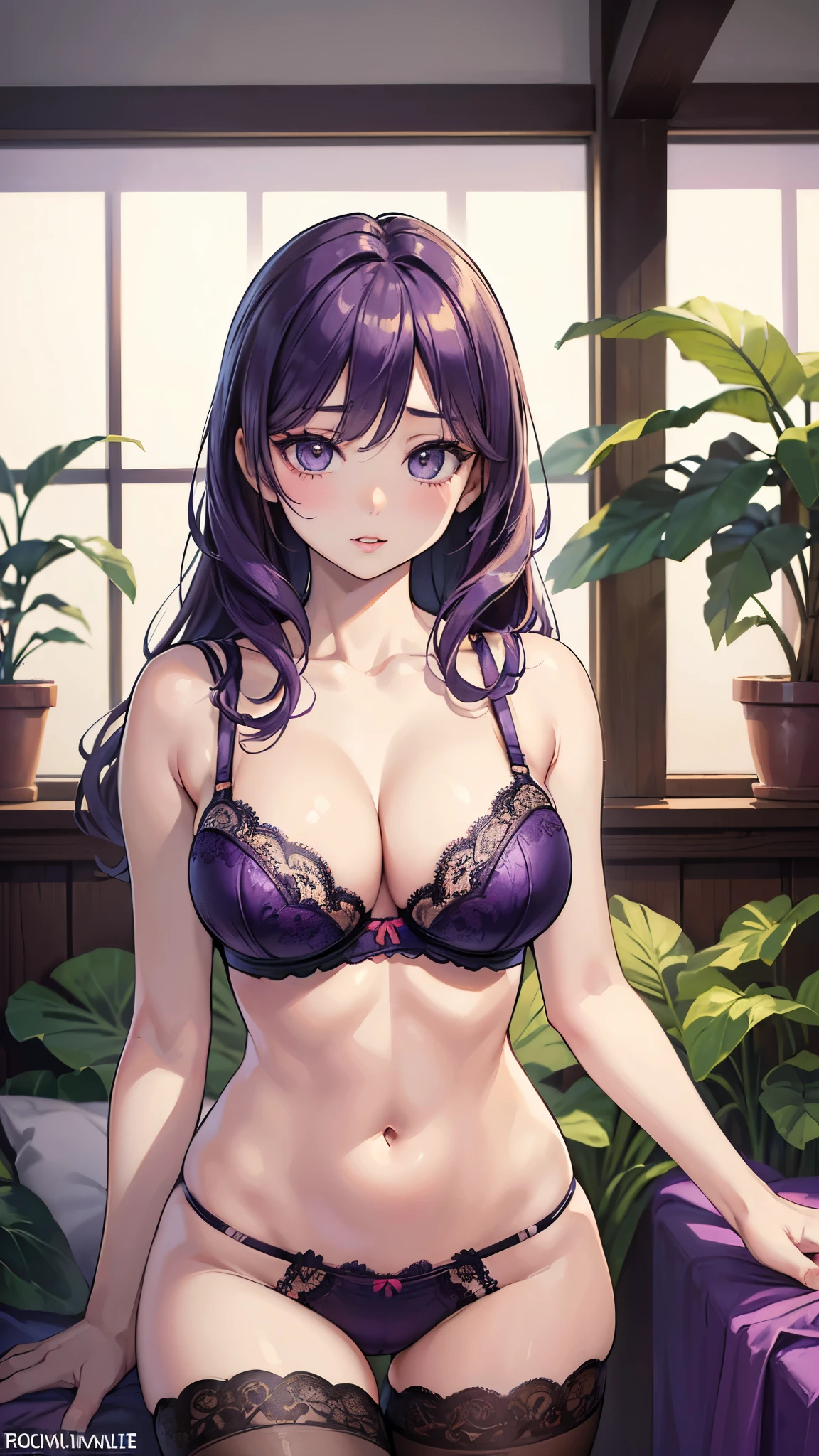 (( best quality,  absurdres)), 1 beautiful girl (( 21s, purple ((long wave hair)), glasses, blue eyes, proportionate  body ,big breasts)),  in mini lingerie (( bra, mini panties, stockings)), blushing 