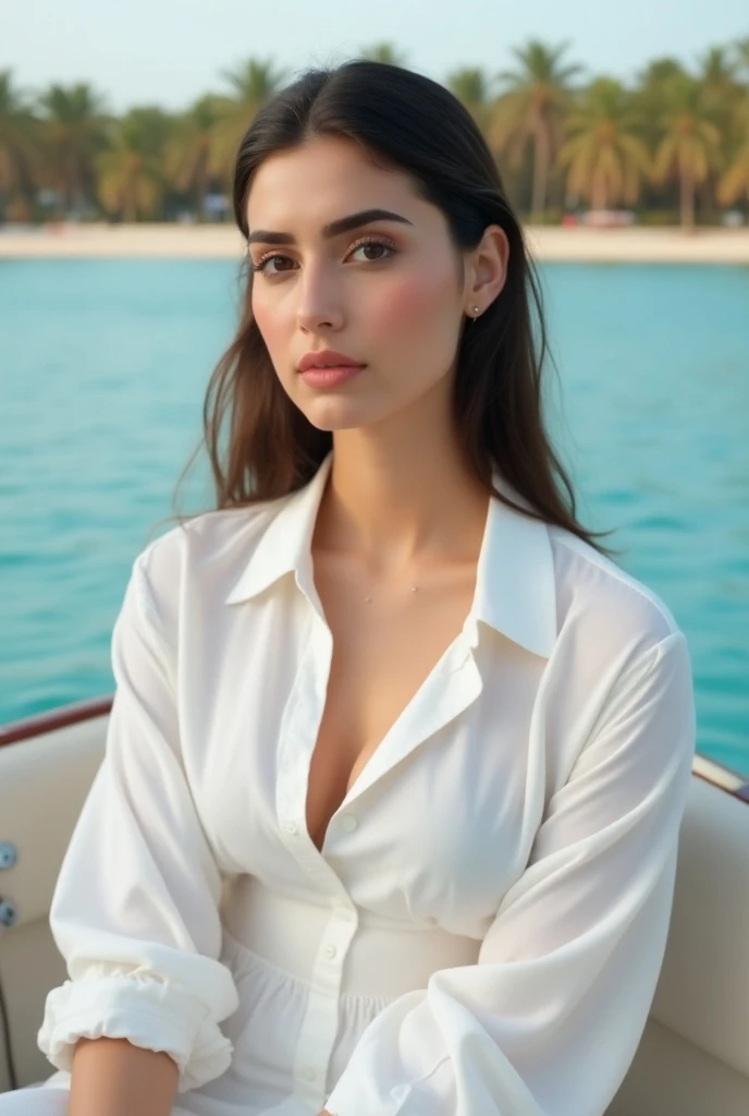 a wanna a realistic picture of human girl who is exact replica of ayeza khan having dimples and fair skin wearing paint and white full shirt with neck she is in boat in palm jumaira dubai and full picture of her from far camera that full boat will also be seen she is visible from head to feet
