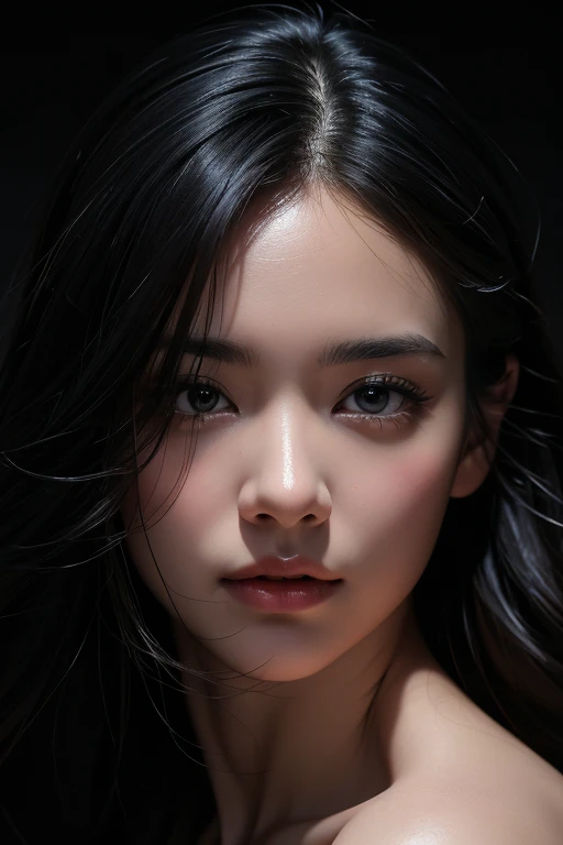 masterpiece, best quality, photorealistic, raw photo, 1girl, Black Long hair, Large breast, Black Muscle Shirt , light smile, detailed skin, pore, simple background, Upper-body, facing the viewer, close-up
