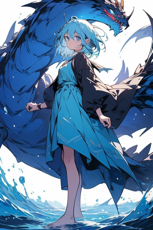 a girl, standing, show full body, front, 1 Character design, female, 165cm, tomboyish, spirited, water dragon, humanoid form, short blue hair, blue eyes, flowing hair, dragon motifs, blue and green clothing, barefoot, scale, reference sheet, white background, simple background, multiple views, upper body, front, from side, color palette reference
