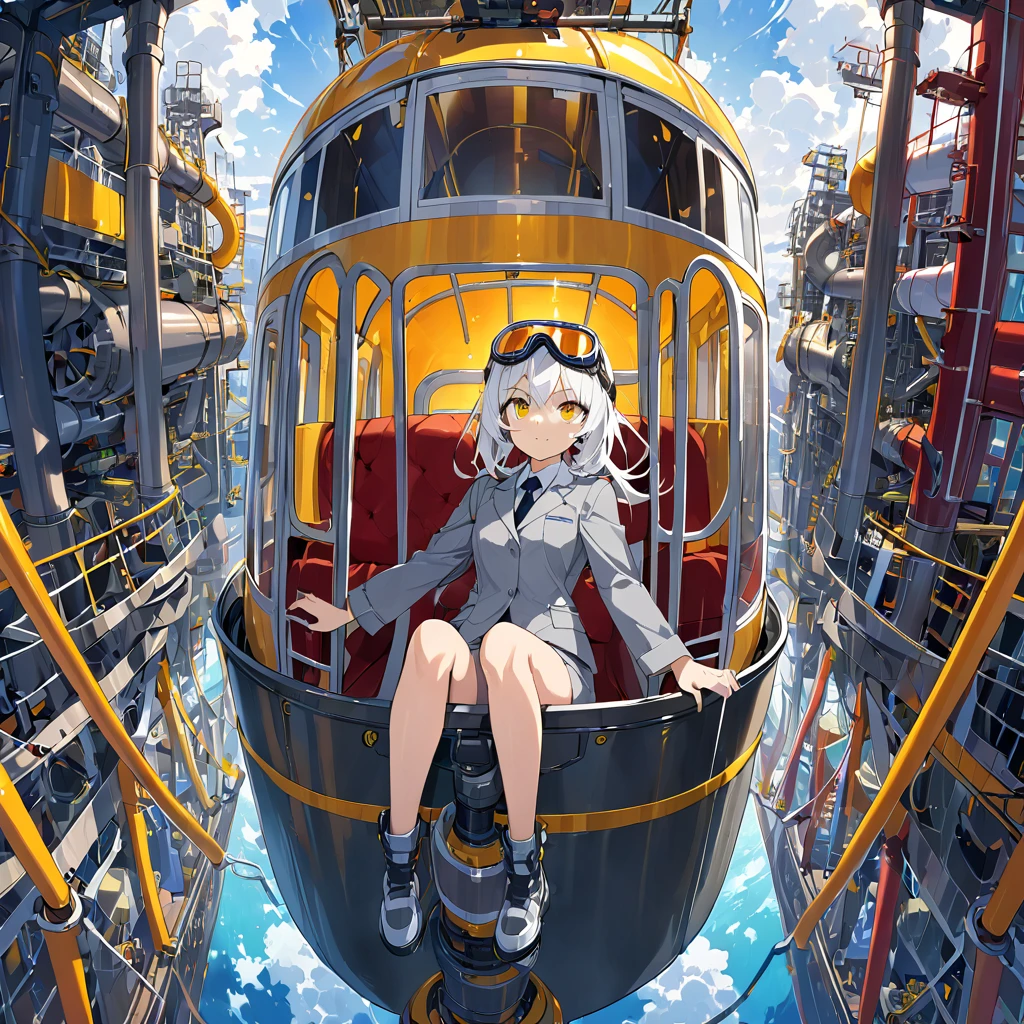 a girl wearing a gray work suit, large goggles on her head, yellow eyes, white hair, rocket factory, complex piping, ((riding in a large gondola))