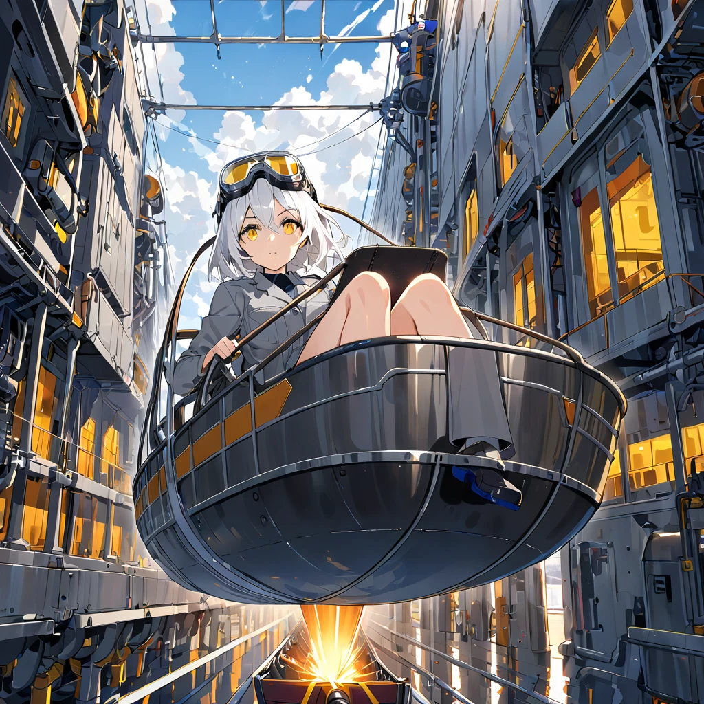 a girl wearing a gray work suit, large goggles on her head, yellow eyes, white hair, rocket factory, complex piping, ((riding in a large gondola))