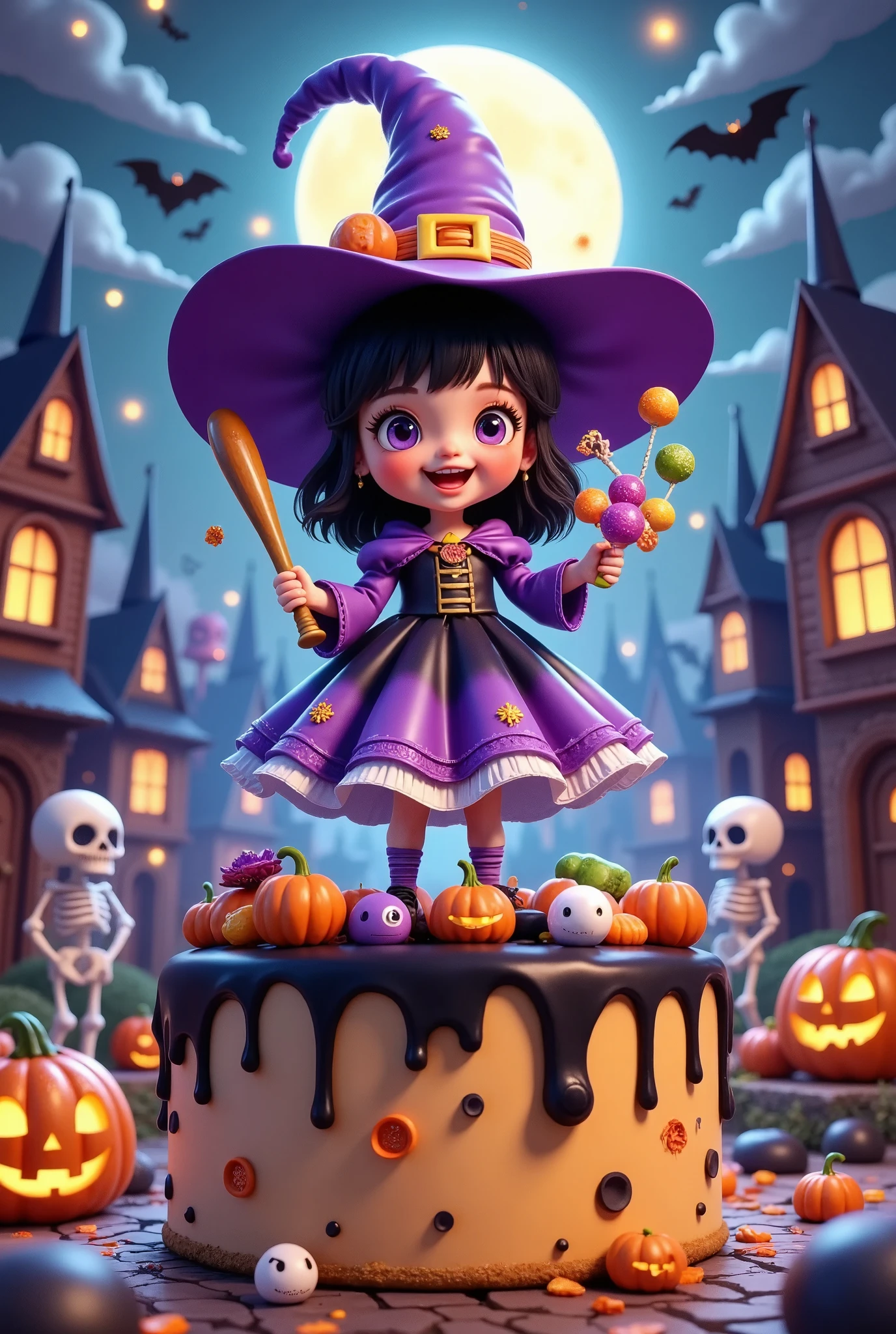 A cute little witch in a princess dress standing on a cake, holding a baseball bat, candy , lively, skeletons, mummies, spooky halloween , pumpkins, jack-o-lanterns, bats, cobwebs, moonlight, haunted house, haunted forest, ghosts, dark magic, colorful, vibrant, (best quality,4k,8k,highres,masterpiece:1.2),ultra-detailed,(realistic,photorealistic,photo-realistic:1.37),digital painting, hyper detailed, dramatic lighting, intricate details, vivid colors, warm tones