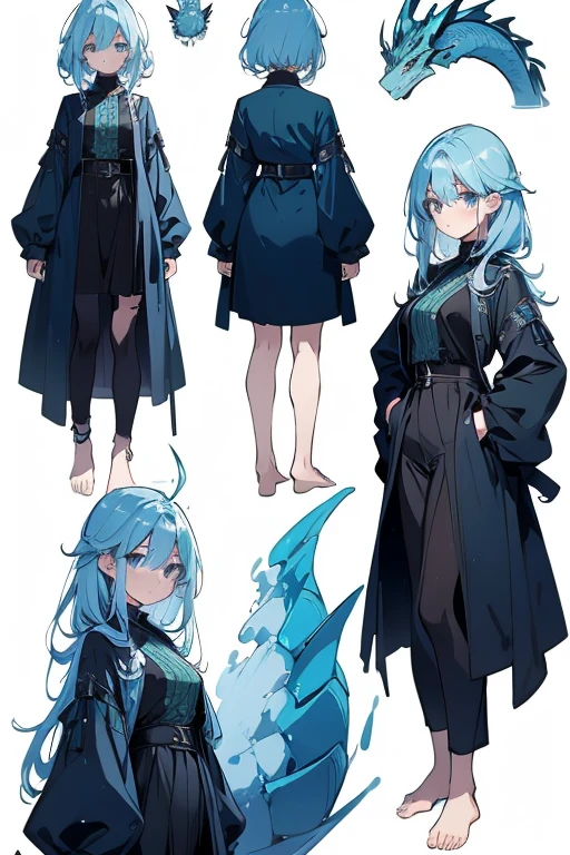 a girl, standing, show full body, 1 Character design, female, 165cm, tomboyish, spirited, water dragon, humanoid form, short blue hair, blue eyes, flowing hair, dragon motifs, blue and green clothing, barefoot, scale, reference sheet, multiple views,
