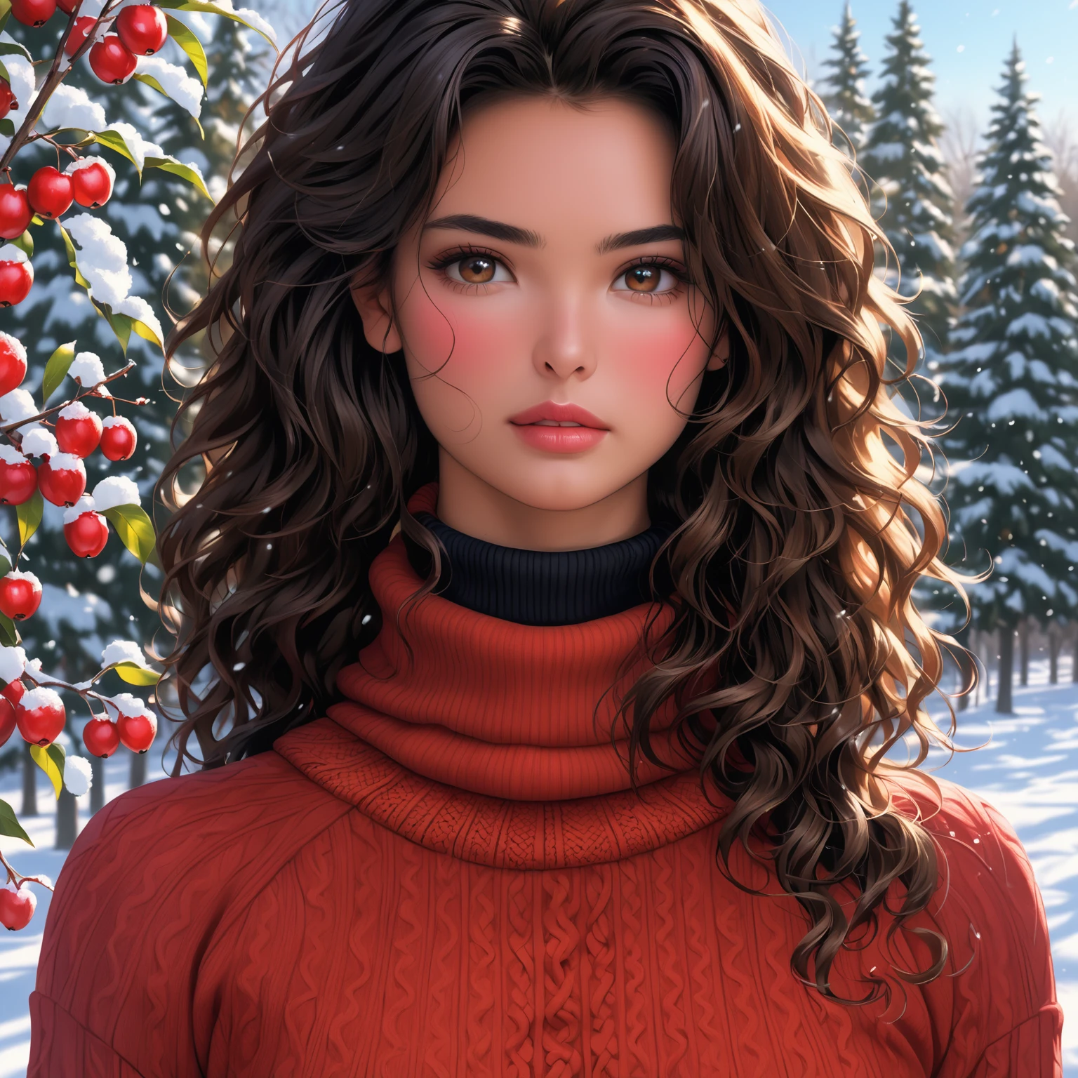 Photorealism TalisaSotoSDXL in red sweater turtleneck dress,  in a snowed orchard, medium wavy hair, ultra-sharp, Photorealism, often for highly detailed representation, photographic accuracy, or visual illusion., detailed skin texture, (blush:0.5), (goosebumps:0.5), subsurface scattering, (extremely detailedskin:1.5),(matte skin:1.7), healthy human skin, human skin has [visible|[(wrinkles:0.625)|small pores]], unretouched skin,seed 653819785174