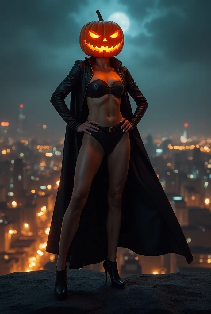 ((masterpiece, highest quality, Highest image quality, High resolution, photorealistic, Raw photo, Extremely detailed CG unified 8k wallpaper)), (huge stunning goddess shot, very hot and sexy, jaw-dropping beauty, perfect proportions, beautiful body, slim body beauty:1.4), Pumpkin, a pumpkin-headed female superhero, “Pumpkin Girl,” standing with her cloak swept by the wind, hands on hips, legs open, watching over the city at night,