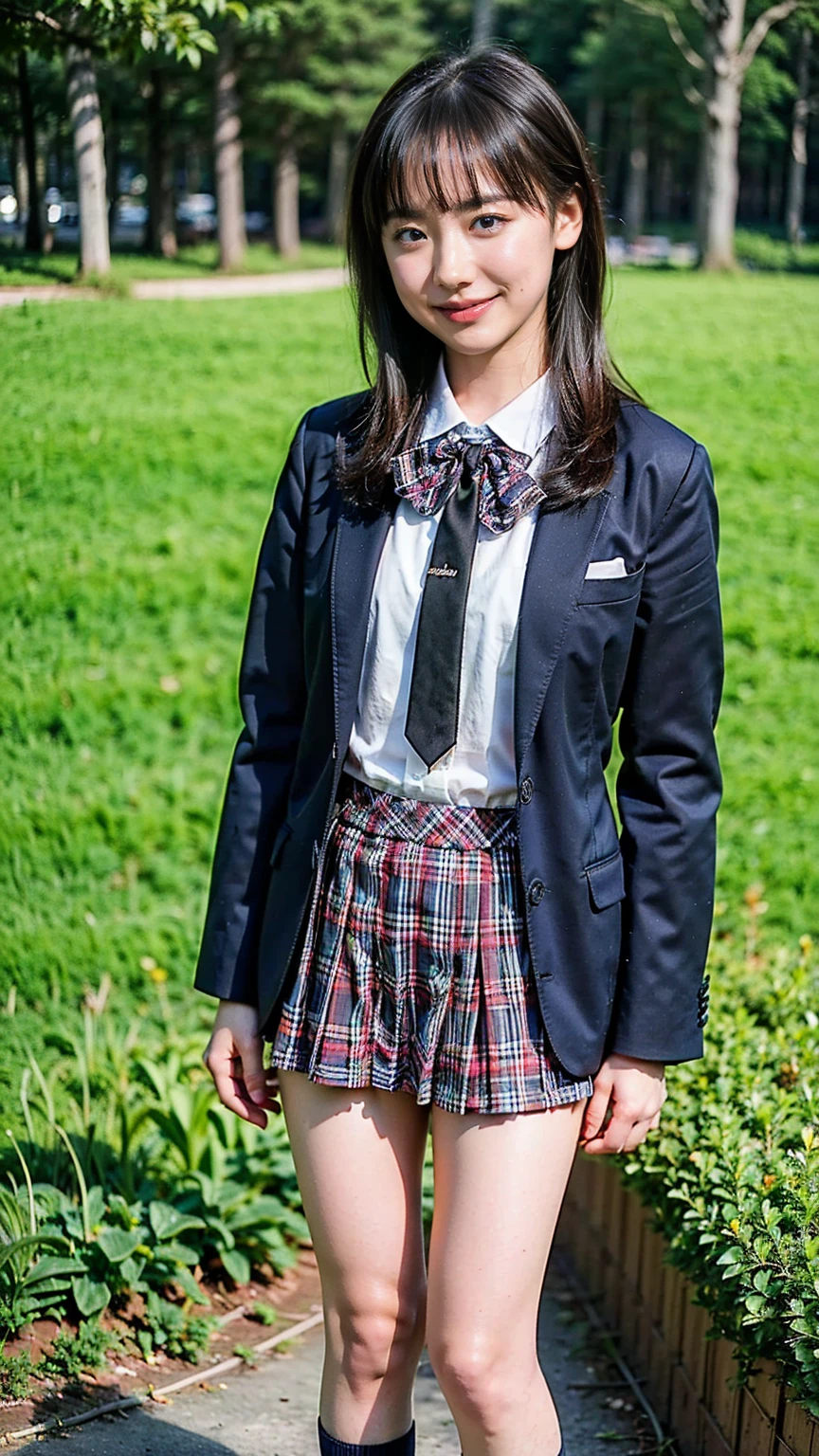 (8k、RAW Photos、 best quality 、masterpiece:1.2)、(Realistic、Realistic)、1 person、((Brown blazer、shirt、High school girl、uniform、smile、navy plaid miniskirt、Navy blue socks、 loafers、 stand with your hands on your lower back、whole body、garden、))、cute