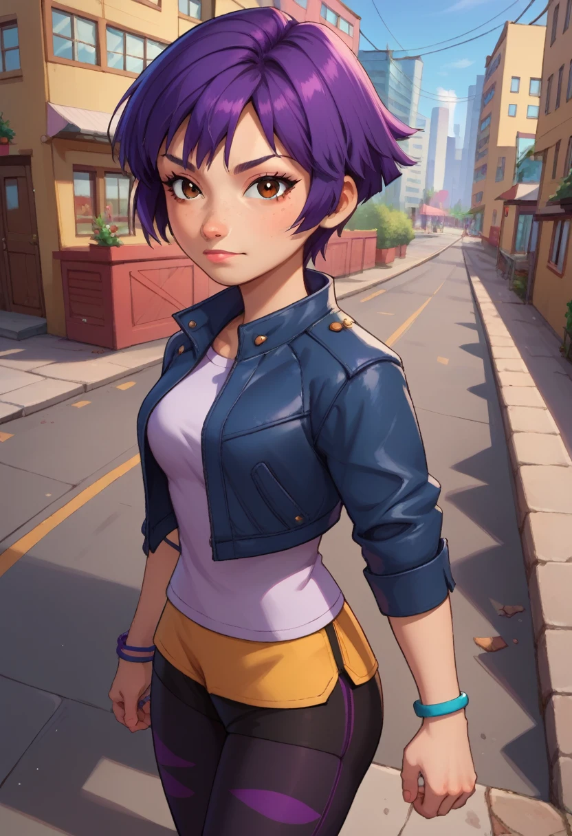 score_9, score_8_above, score_7_above, BREAK,snails, 1 girl, Alone,  short hair ,  black hair, jewelry, jacket, What purple hair , Bermuda, bracelet, makeabove, casual, cropped jacket, Leggings, sleeves pushed above, Capri pants, black Leggings, COWBOY SHOT,  brown eyes costume,  looking at the viewer,  medium breasts,al aire libre,city,