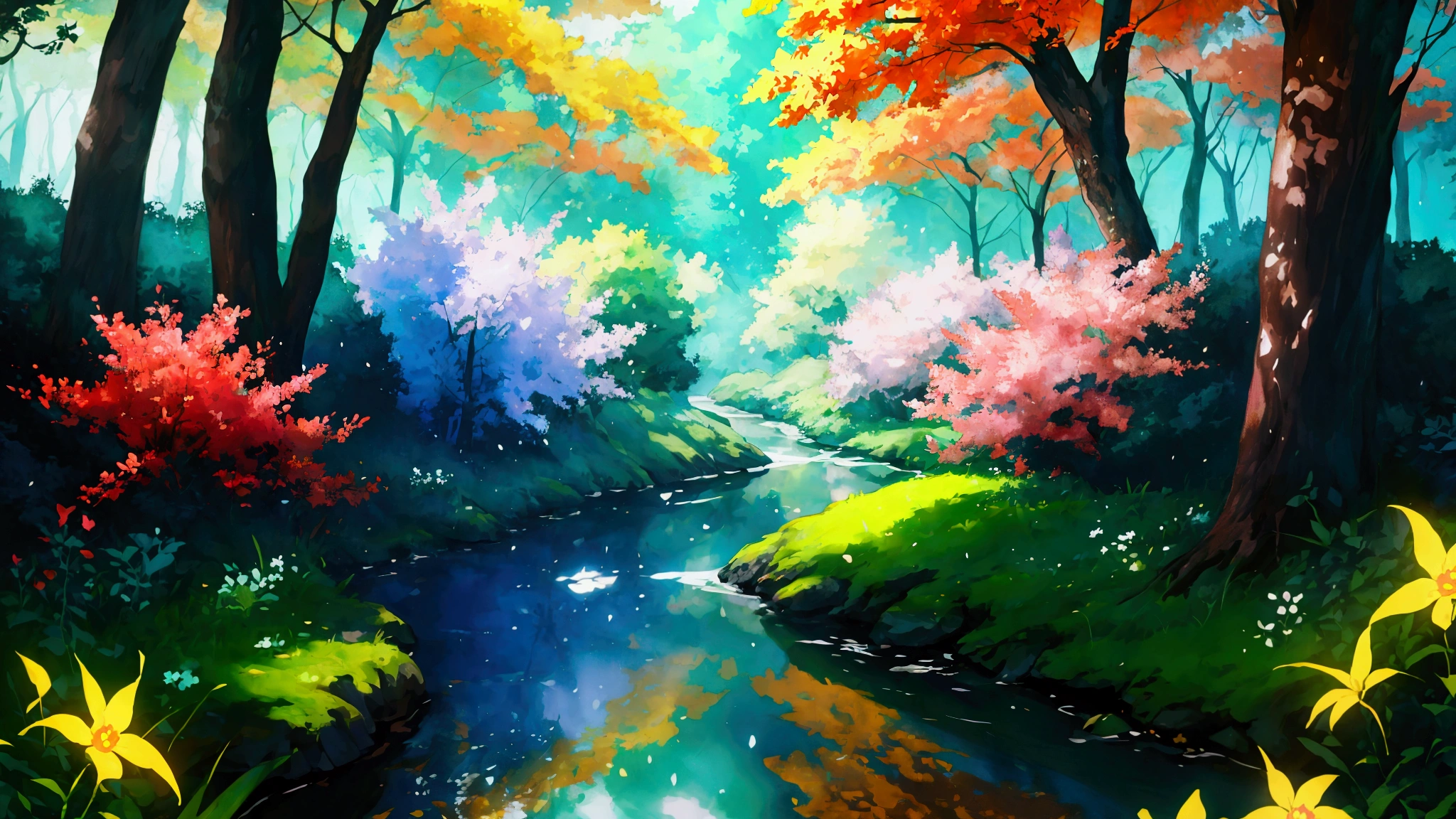Glowing Forest Cozy Day Sparkling ,Bright morning , Lofi anime style , floral , landscape , natural , Glowing Flower , River
