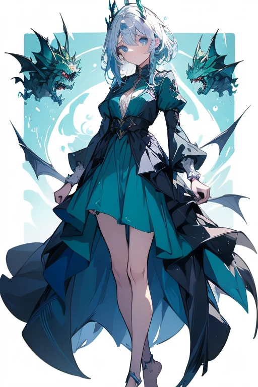 a girl, standing, show full body, front, 1 Character design, female, 165cm, tomboyish, spirited, water dragon, humanoid form, short blue hair, blue eyes, flowing hair, dragon motifs, blue and green clothing, barefoot, scale, reference sheet, white background, simple background, multiple views, 