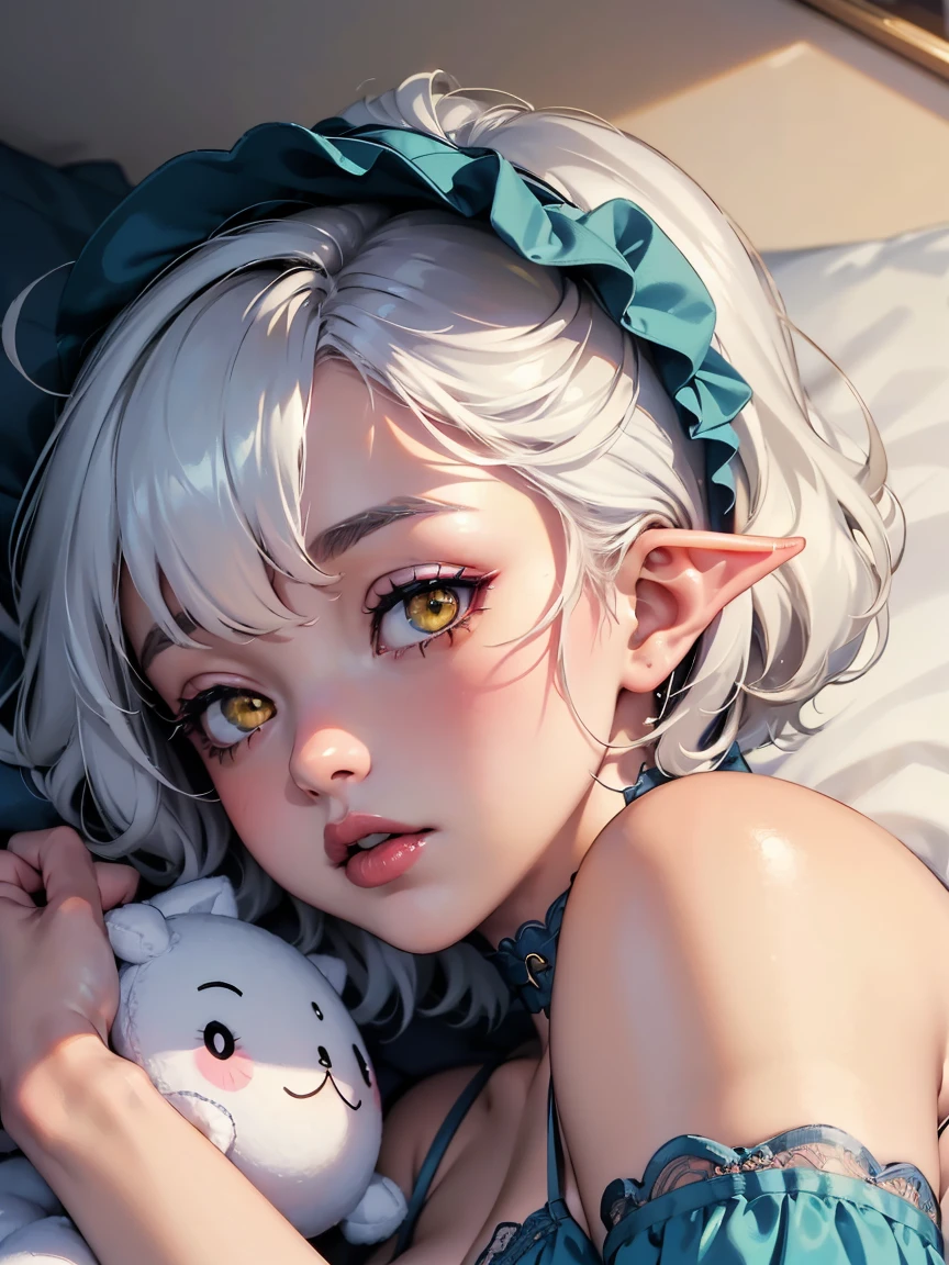 (best lighting) (best quality, masterpiece:1.2), (absurdres), wide portrait, alluring, ethereal, flirtatious, one woman, ((very short, messy boyish, white hair), ((yellow eyes)), (detailed eyes), (elf ears), ((glossy, shiny, lipstick)), ((blue lingerie)), ((chocker)), (small breasts), ((thick, curvy, chubby)), ((laying down surrounded by hundreds of plushies)), soft lighting, hazy, cinematic