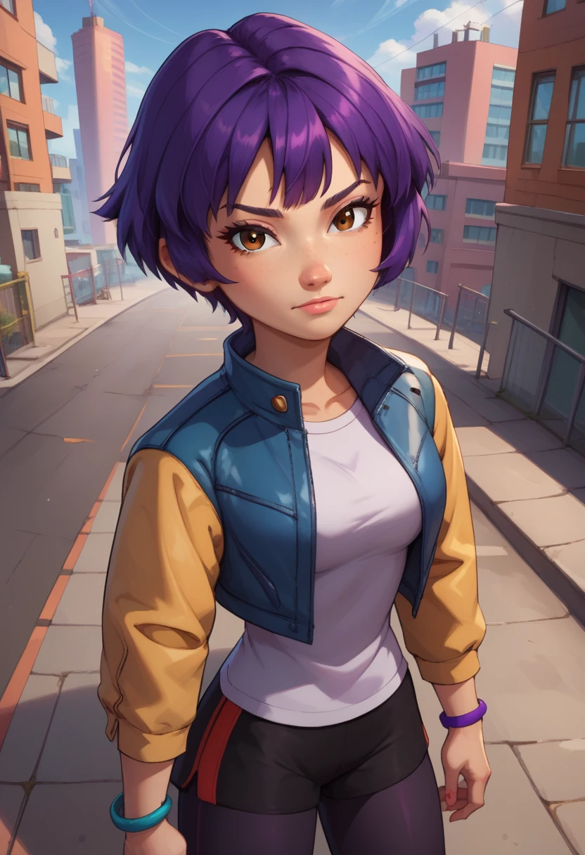 score_9, score_8_above, score_7_above, BREAK,snails, 1 girl, Alone,  short hair ,  black hair, jewelry, jacket, What purple hair , Bermuda, bracelet, makeabove, casual, cropped jacket, Leggings, sleeves pushed above, Capri pants, black Leggings, COWBOY SHOT,  brown eyes costume,  looking at the viewer,  medium breasts,al aire libre,city,