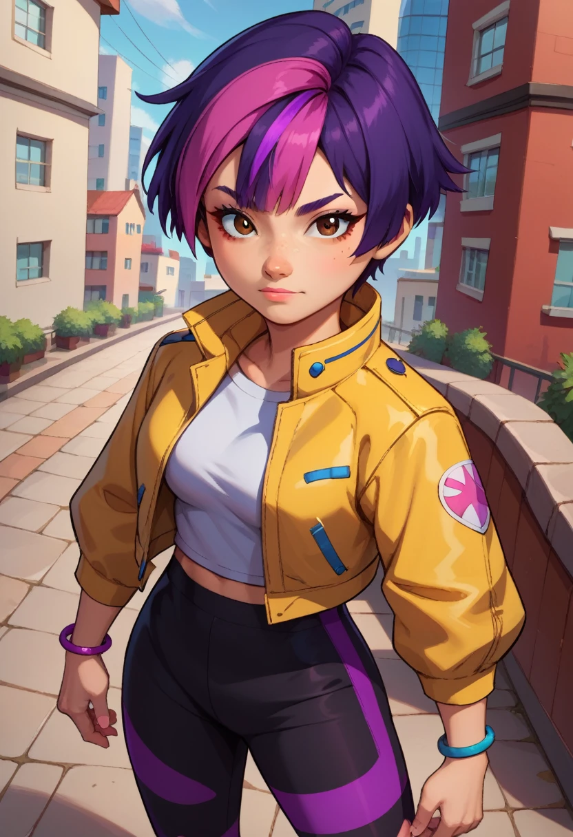 score_9, score_8_above, score_7_above, BREAK,snails, 1 girl, Alone,  short hair ,  black hair, purple 
 streaks,streaked hair,jewelry, jacket, What purple hair , Bermuda, bracelet, makeabove, casual, cropped jacket, Leggings, sleeves pushed above, Capri pants, black Leggings, COWBOY SHOT,  brown eyes costume,  looking at the viewer,  medium breasts,al aire libre,city,