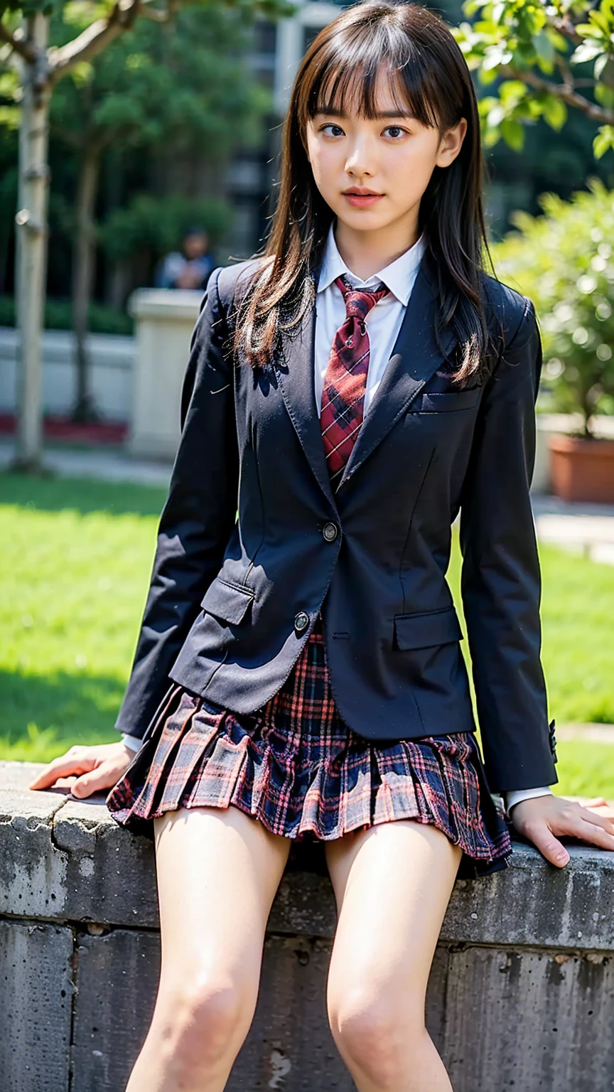 (8k、RAW Photos、 best quality 、masterpiece:1.2)、(Realistic、Realistic)、1 person、((Brown blazer、shirt、High school girl、uniform、tie、navy plaid miniskirt、Navy blue socks、 bracelet、 loafers、 stand with your hands on your lower back、whole body、garden、))、cute