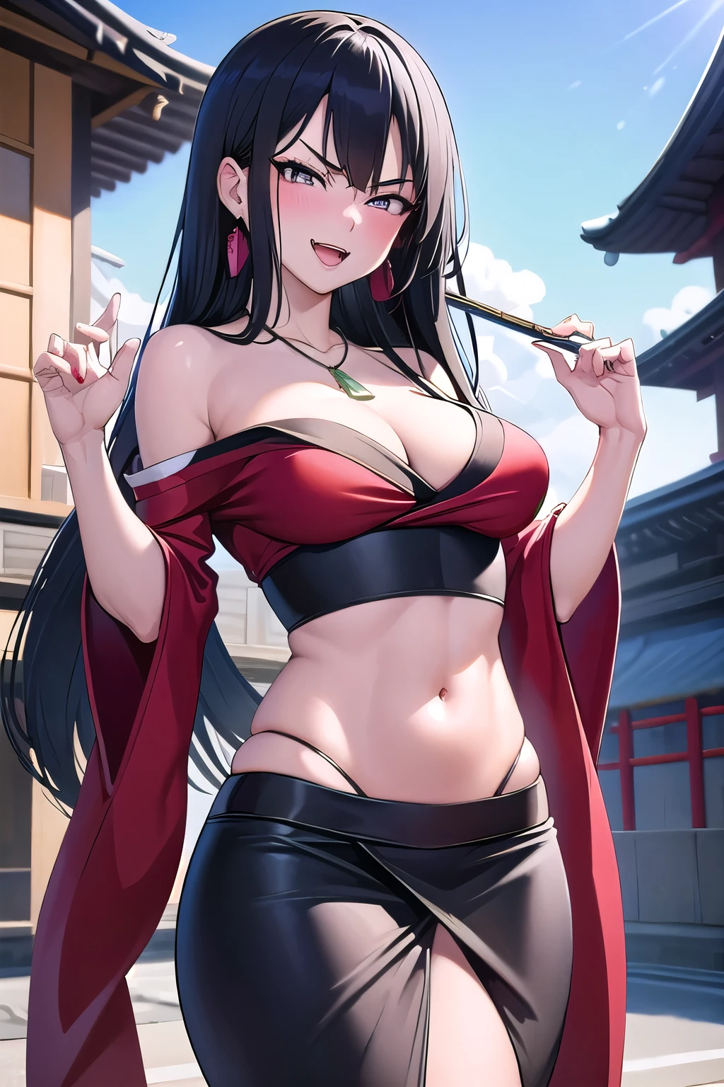 minazukikyouko, black hair,  necklace, earrings, large breasts, long hair,, blush, lipstick, Hot girl, baddie, staring, glaring, bad attitude, mean girl, crazy, smoking, sensual, attractive, masterpiece, best quality, highly detailed, a anime girl in kimono dress ,holding sword, bare shoulder,open kimono, evil smile, open mouth, crop top , (nsfw) not safe for work, smile, ecchi anime style, anime girls, ecchi style, ecchi, digital anime art!!, in anime style, official artwork, visual novel cg, beautiful anime girl, anime style 4 k, kimono pencil skirt, exposed belly, exposed navel, exposed midriff, exposed lower belly, outdoor, japanese architecture, temple