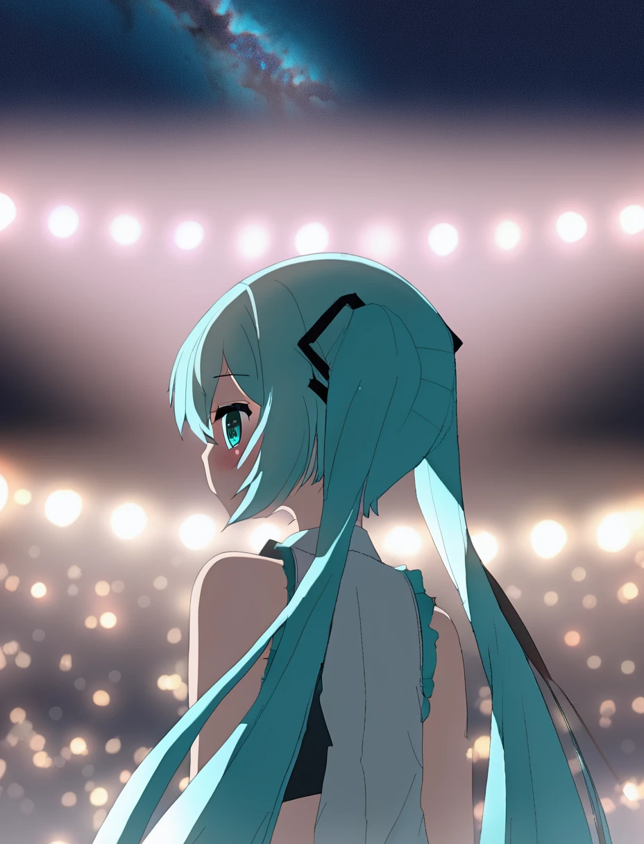 (Best quality masterpiece), 1girl, simple background, looking at the audience, turquoise twin tail  hair, milky way, aesthetic, Miku Hatsune, vocaloid, facing audience, 