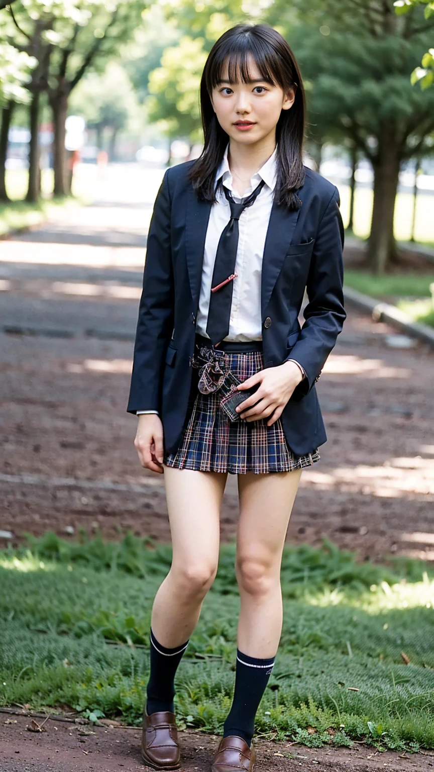 (8k、RAW Photos、 best quality 、masterpiece:1.2)、(Realistic、Realistic)、1 person、((Brown blazer、shirt、High school girl、uniform、tie、navy plaid miniskirt、Navy blue socks、 bracelet、 loafers、 stand with your hands on your lower back、whole body、garden、))、cute