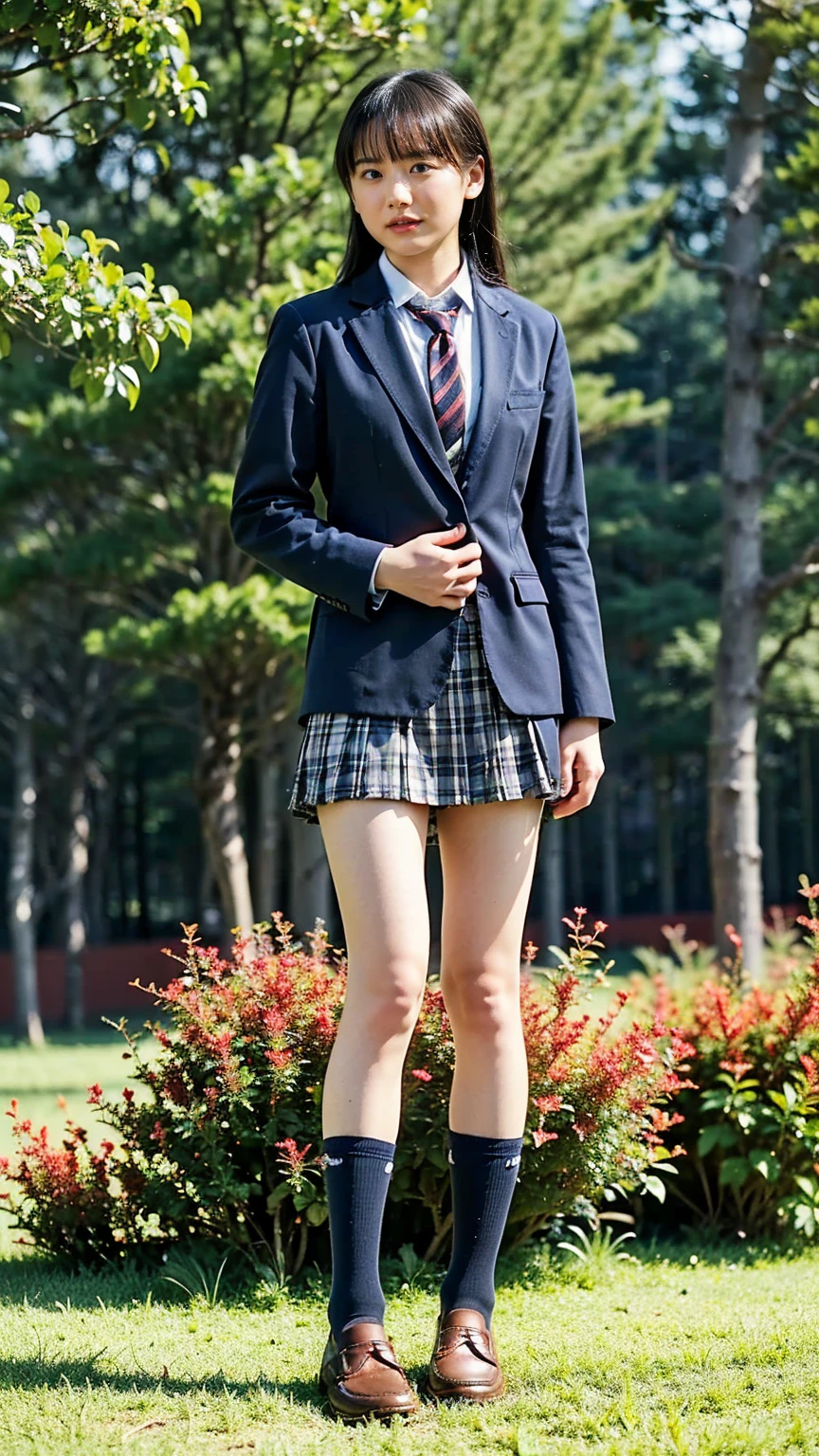 (8k、RAW Photos、 best quality 、masterpiece:1.2)、(Realistic、Realistic)、1 person、((Brown blazer、shirt、High school girl、uniform、tie、navy plaid miniskirt、Navy blue socks、 bracelet、 loafers、 stand with your hands on your lower back、whole body、garden、))、cute