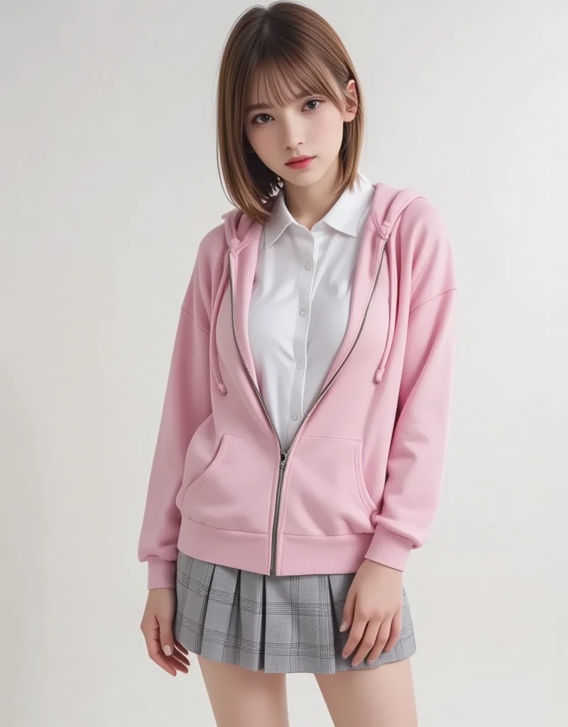 (outerwear is light pink hoodie in soft cotton fabric, long sleeves), (zip-up:1.2),
(inner wear is a white collared-shirt), (school uniform, white shirt collar:0.8),
gray plaid pattern pleated mini skirt,
white loose socks, long socks,
black pumps,
