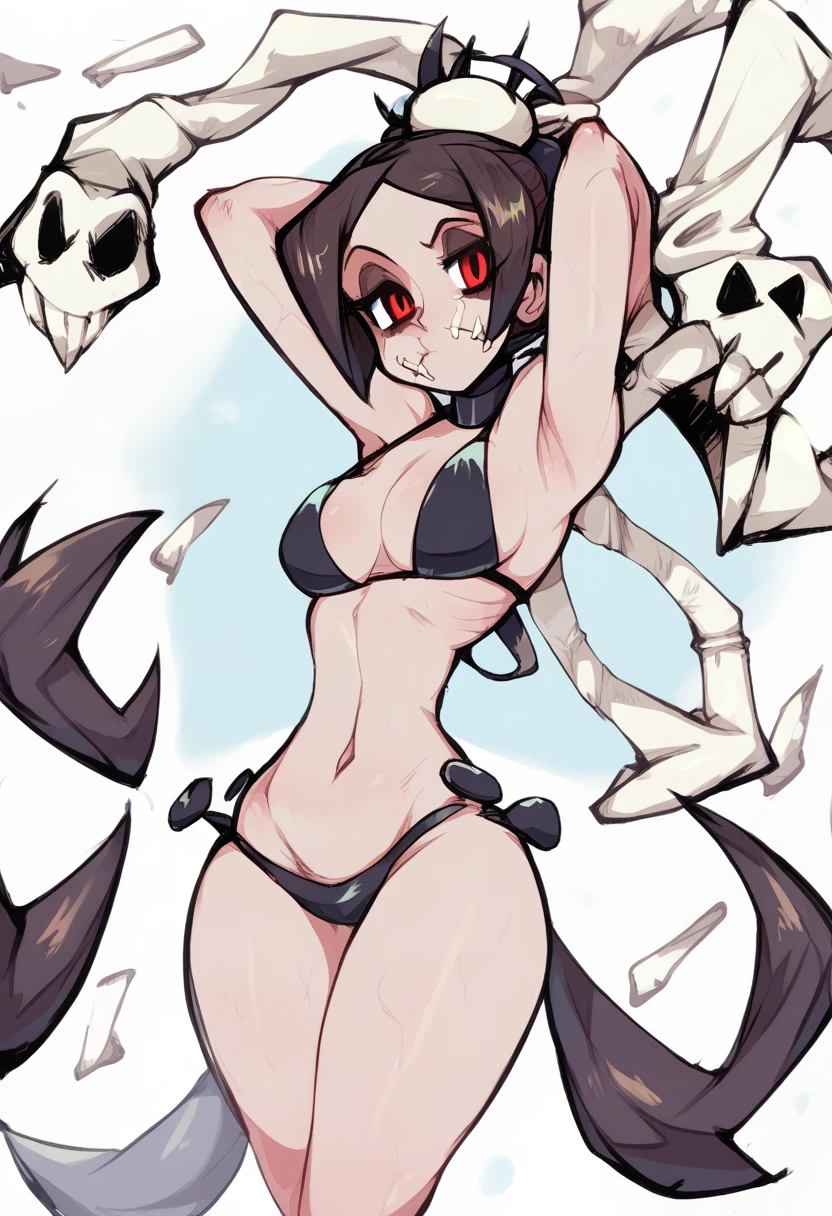 masterpiece, best quality, 1girl, solo, Black hair, bangs, short hair, sweat, (smile), cleavage, beautiful detailed face, beautiful detailed eyes, bat ornament, slingshot swimsuit, black choker, (armpits), (arms behind head), (wedgie:1.4), pubic tattoo, (cameltoe:1.2), (thighhighs), standing, (simple_background)