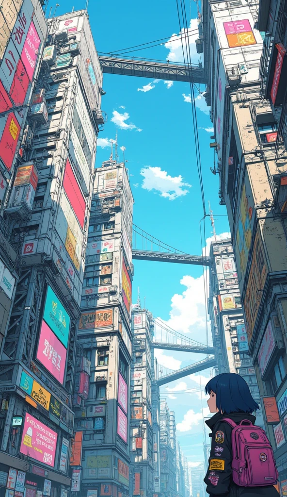 An anime-style scene in a futuristic, cyberpunk cityscape viewed from a very low angle, looking up at the towering, worn-down buildings. The buildings feature large, colorful billboards and neon signs, blending decayed urban structures with futuristic technology. Overhead, there are interconnected bridges and wires stretching across the sky, which is bright with soft clouds. Among the tall buildings, at the bottom right corner of the image stands a young girl with short, dark blue hair stands with her back to the viewer, wearing a backpack and a jacket adorned with patches. She gazes upward in awe, overwhelmed by the towering structures. The scene is full of vibrant colors and detailed line work, typical of anime-inspired art.