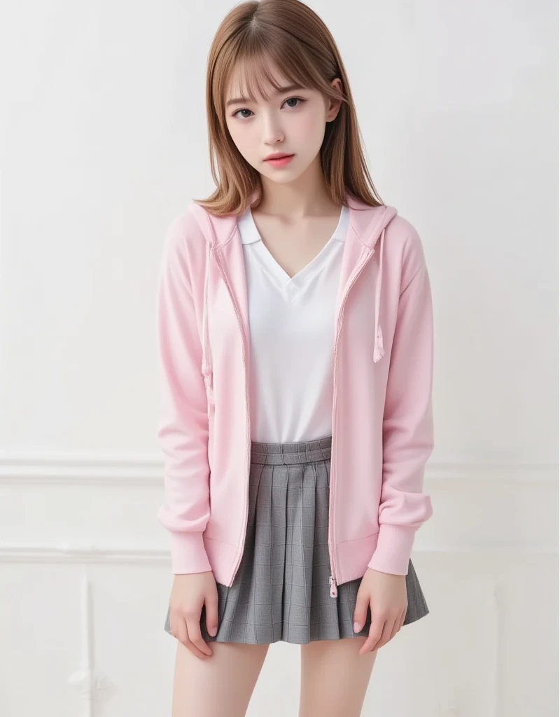 (outerwear is light pink hoodie in soft cotton fabric, long sleeves), (zip-up:1.2),
(inner wear is a white collared-shirt), (school uniform, white shirt collar:0.8),
gray plaid pattern pleated mini skirt,
white loose socks, long socks,
black pumps,
