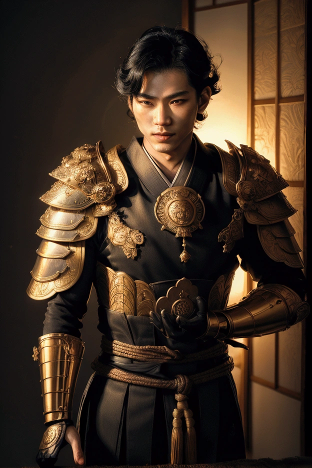 16k,Man with a Sword , Japanese,kimono,Decorative armor( An exquisitely crafted emblem of an aristocrat),Ultra High Resolution, surreal, ,Real Skin,Black Hair Short Hair,Big black eyes,Clear Eye Description ,  muscular body flowing through a bowl,Waist support,Delicate hands, Perfect hand shape,   Action Pose ,masterpiece, Highest Quality Realistic RAW Photos ,Vibrant colors,Rich colors, Backlight, Cinema Lighting,  FILM GRAIN,50mm lens