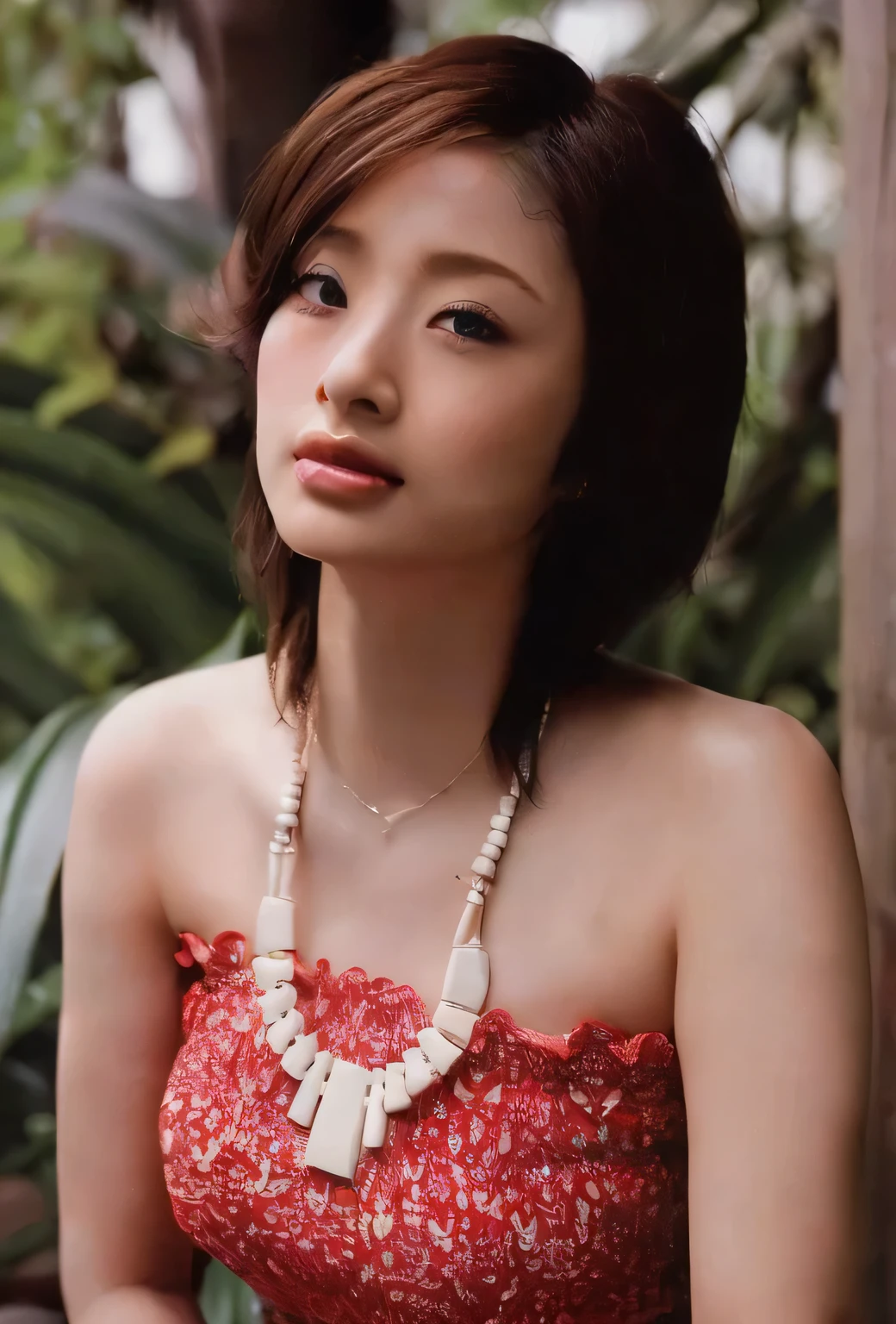 ((Top Quality, 8K, Masterpiece: 1.3)), Sharp Focus: 1.2, (cute Actress: 1.3), (Shiny Skin: 1.1), Realistic Photo, Black Hair, Realistic Pupil, Movie Lighting, Highly Detailed Eyes and Face, Movie Lighting, medium Cleavage